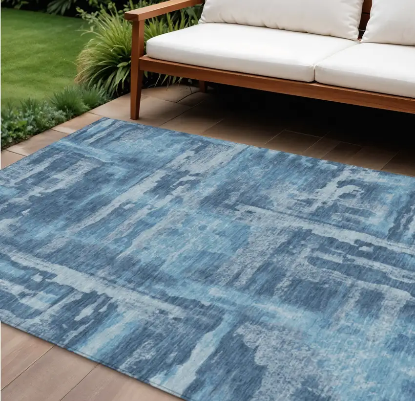 Denim Blue And Sky Blue Abstract Washable Indoor Outdoor Area Rug Photo 2