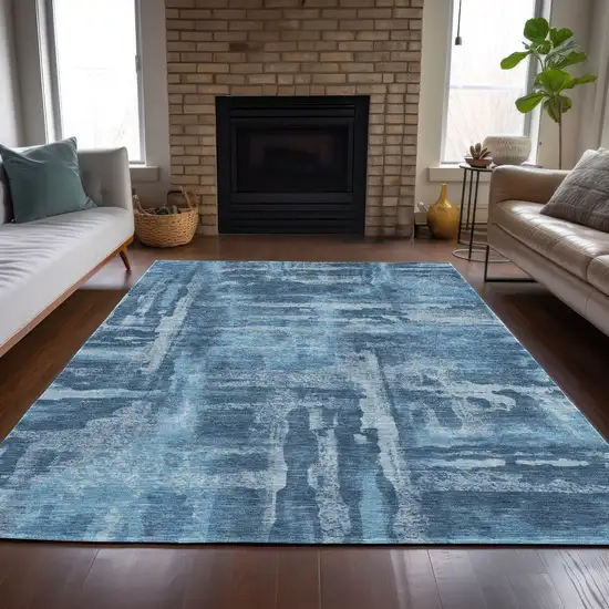 Denim Blue And Sky Blue Abstract Washable Indoor Outdoor Area Rug Photo 6