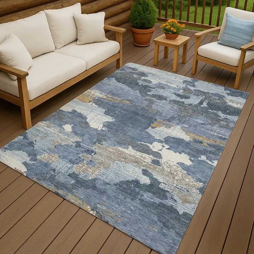 Denim Blue And Sky Blue Abstract Washable Indoor Outdoor Area Rug Photo 4