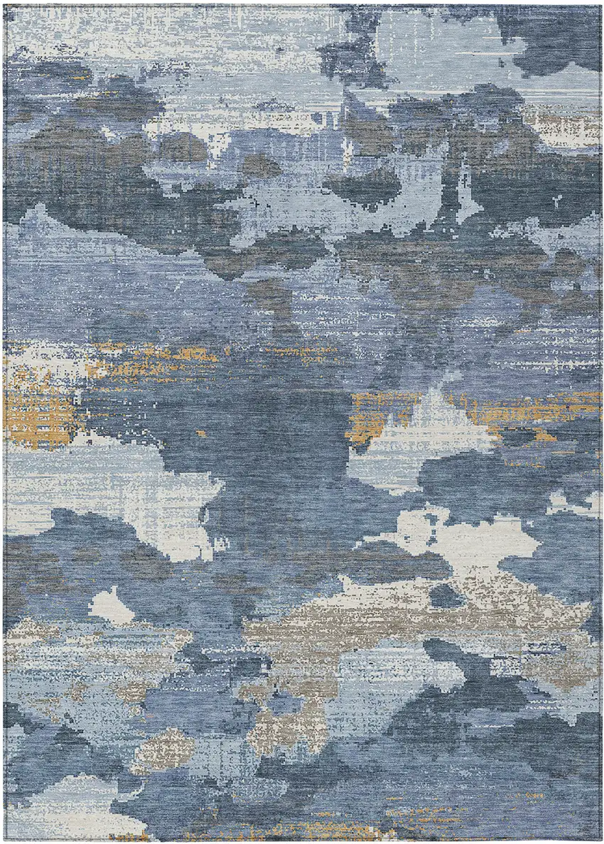 Denim Blue And Sky Blue Abstract Washable Indoor Outdoor Area Rug Photo 1