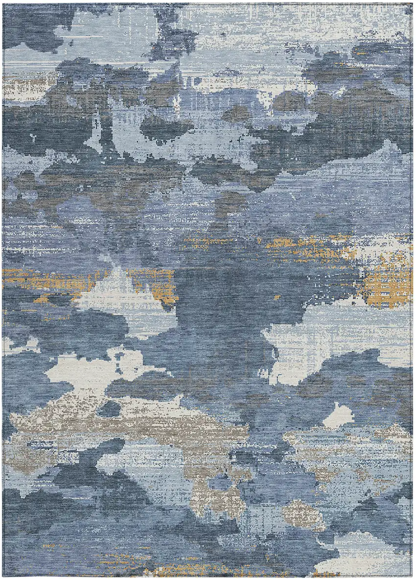 Denim Blue And Sky Blue Abstract Washable Indoor Outdoor Area Rug Photo 3