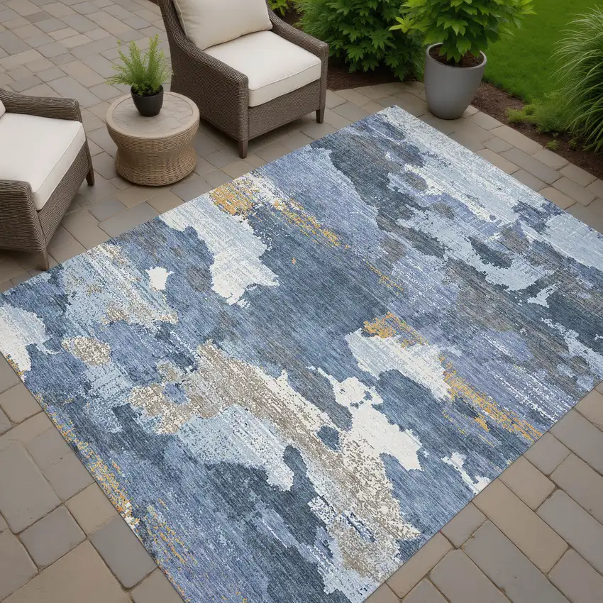 Denim Blue And Sky Blue Abstract Washable Indoor Outdoor Area Rug Photo 7