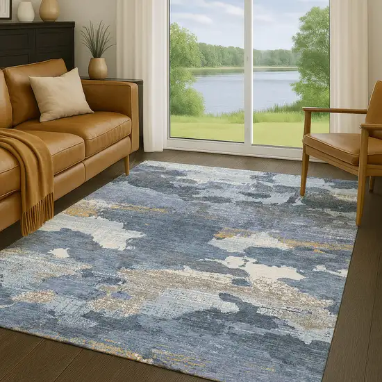 Denim Blue And Sky Blue Abstract Washable Indoor Outdoor Area Rug Photo 5