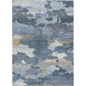 Photo of Denim Blue And Sky Blue Abstract Washable Indoor Outdoor Area Rug