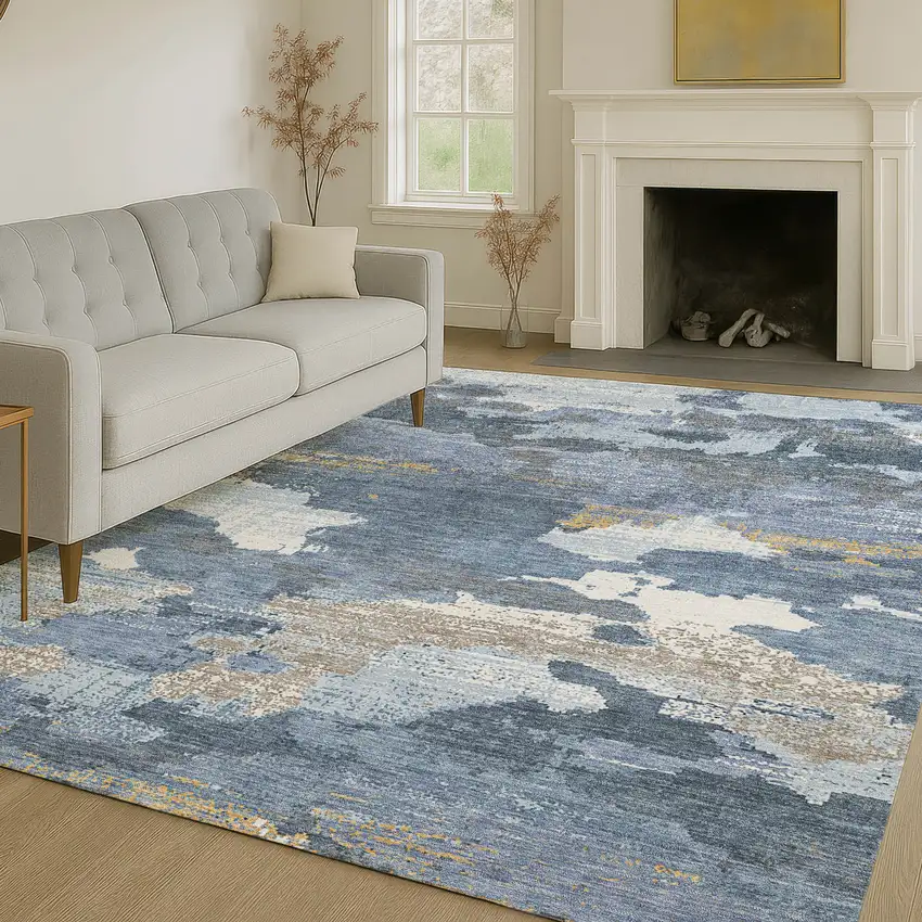 Denim Blue And Sky Blue Abstract Washable Indoor Outdoor Area Rug Photo 6