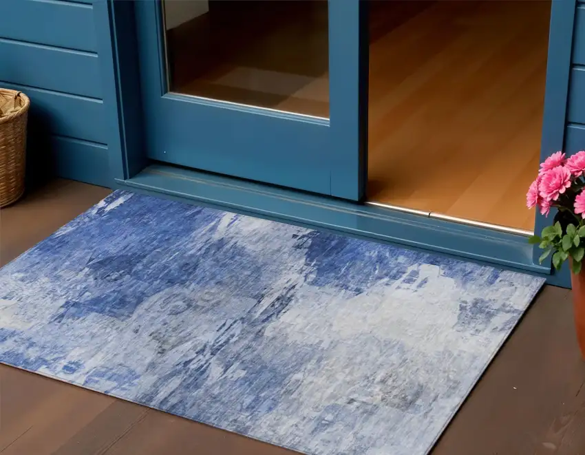 Denim Blue And Sky Blue Abstract Washable Indoor Outdoor Area Rug Photo 1