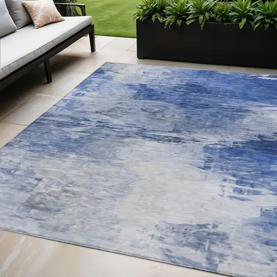 Denim Blue And Sky Blue Abstract Washable Indoor Outdoor Area Rug Photo 1
