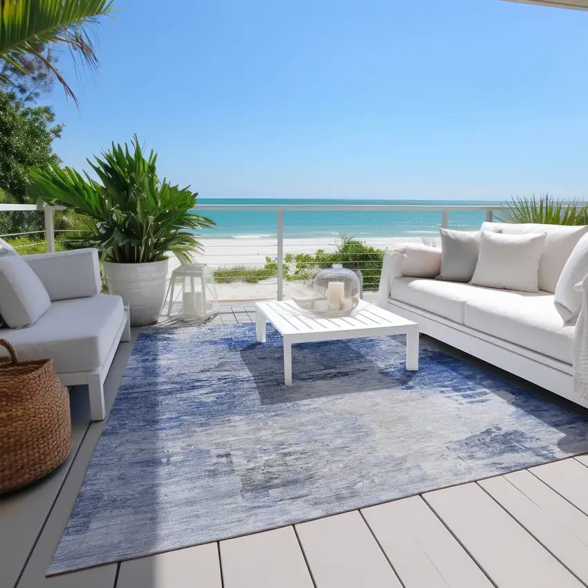 Denim Blue And Sky Blue Abstract Washable Indoor Outdoor Area Rug Photo 9