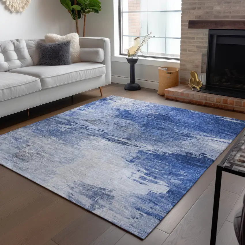 Denim Blue And Sky Blue Abstract Washable Indoor Outdoor Area Rug Photo 7