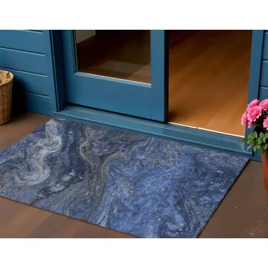 Denim Blue And Sky Blue Abstract Washable Indoor Outdoor Area Rug Photo 1