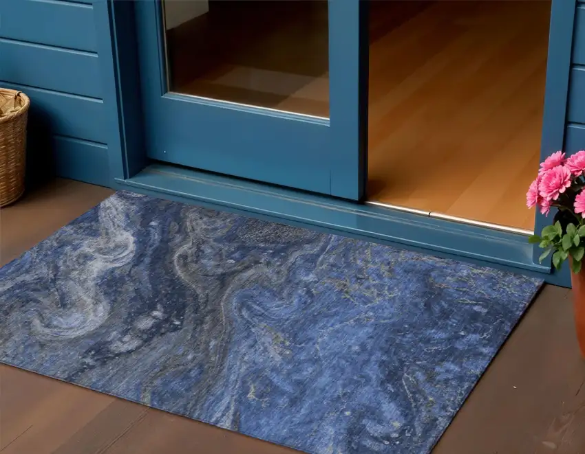 Denim Blue And Sky Blue Abstract Washable Indoor Outdoor Area Rug Photo 1