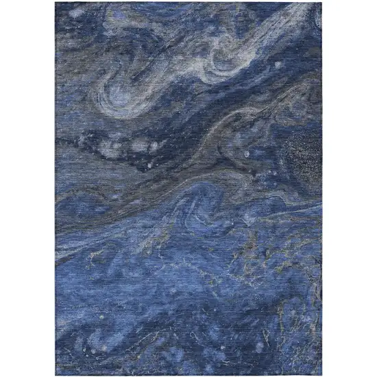 Denim Blue And Sky Blue Abstract Washable Indoor Outdoor Area Rug Photo 2