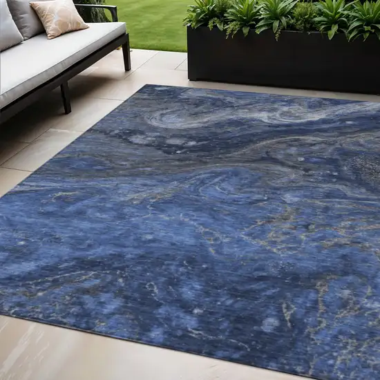 Denim Blue And Sky Blue Abstract Washable Indoor Outdoor Area Rug Photo 1
