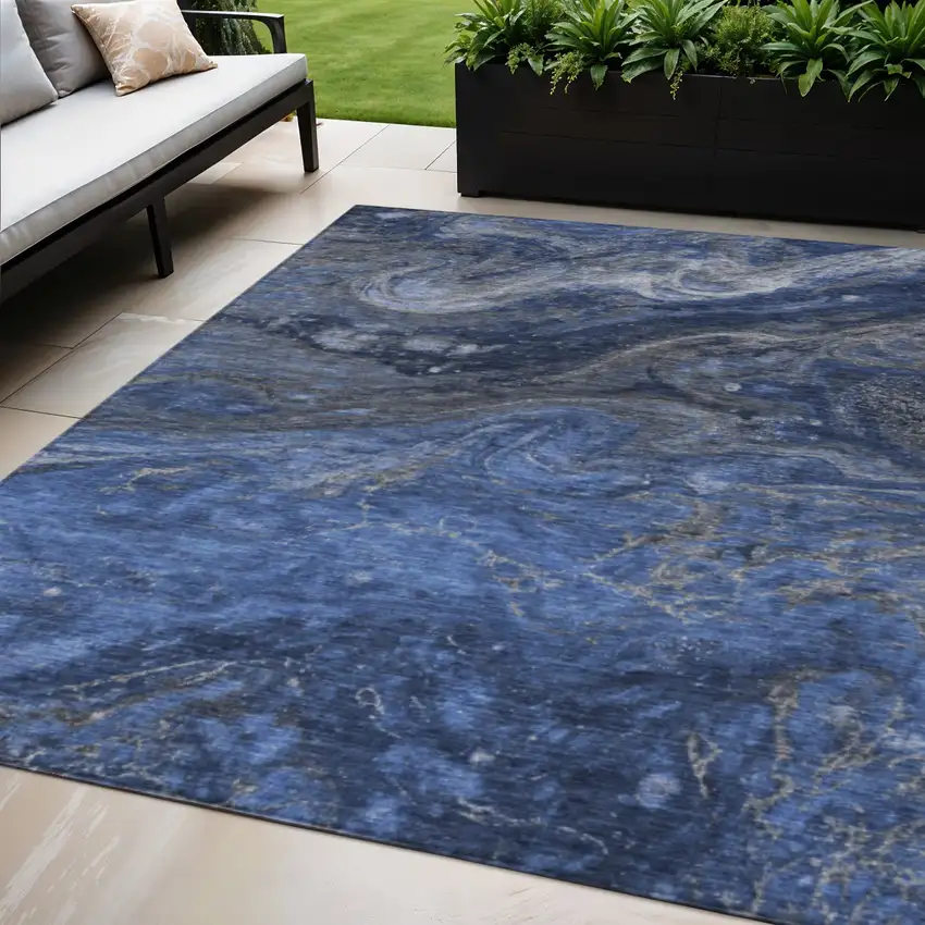 Denim Blue And Sky Blue Abstract Washable Indoor Outdoor Area Rug Photo 1