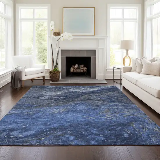 Denim Blue And Sky Blue Abstract Washable Indoor Outdoor Area Rug Photo 8