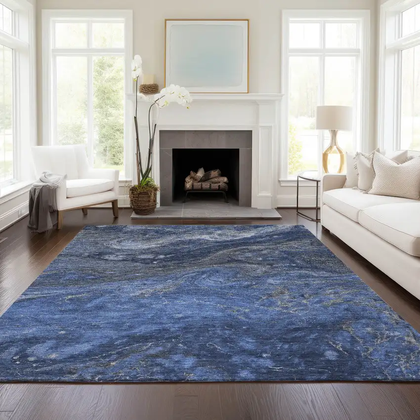 Denim Blue And Sky Blue Abstract Washable Indoor Outdoor Area Rug Photo 8