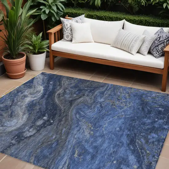 Denim Blue And Sky Blue Abstract Washable Indoor Outdoor Area Rug Photo 1