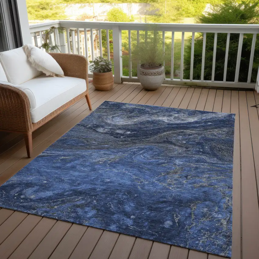 Denim Blue And Sky Blue Abstract Washable Indoor Outdoor Area Rug Photo 7