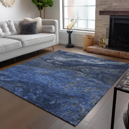 Denim Blue And Sky Blue Abstract Washable Indoor Outdoor Area Rug Photo 9