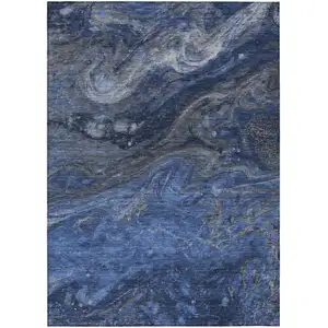 Photo of Denim Blue And Sky Blue Abstract Washable Indoor Outdoor Area Rug
