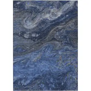 Photo of Denim Blue And Sky Blue Abstract Washable Indoor Outdoor Area Rug