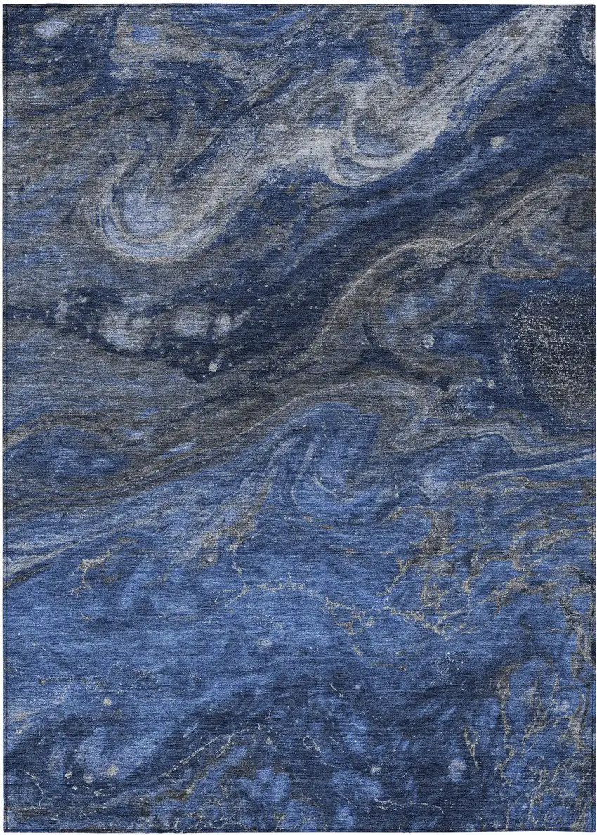 Denim Blue And Sky Blue Abstract Washable Indoor Outdoor Area Rug Photo 2