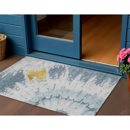 Denim Blue And Sky Blue Abstract Washable Indoor Outdoor Area Rug Photo 1