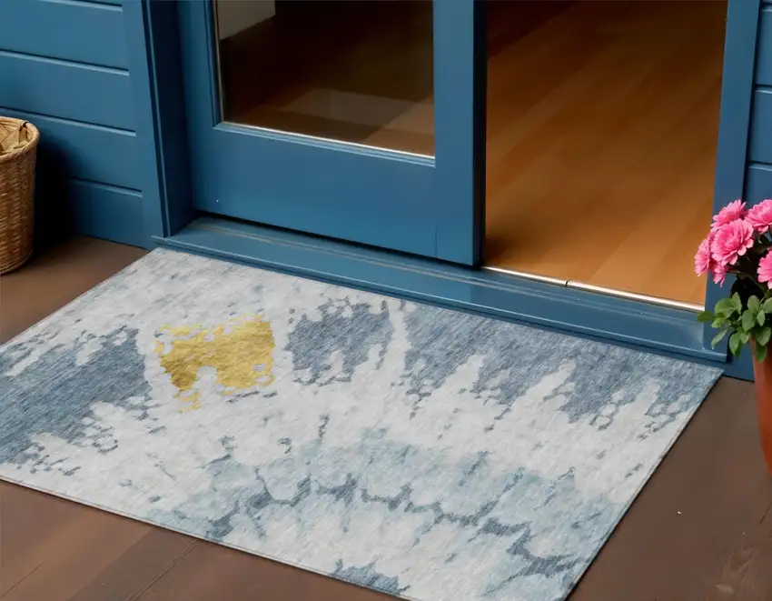 Denim Blue And Sky Blue Abstract Washable Indoor Outdoor Area Rug Photo 1