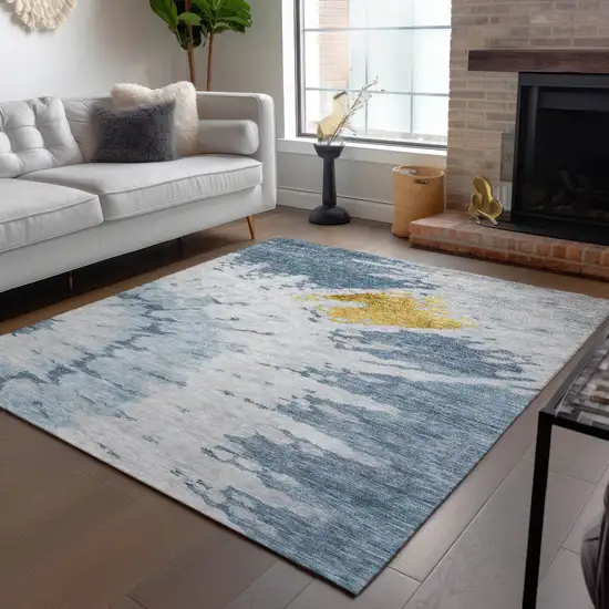 Denim Blue And Sky Blue Abstract Washable Indoor Outdoor Area Rug Photo 8