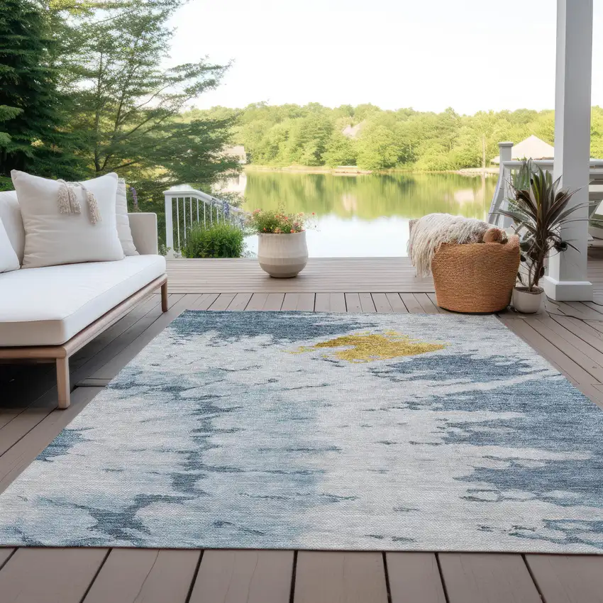 Denim Blue And Sky Blue Abstract Washable Indoor Outdoor Area Rug Photo 9