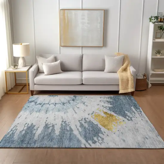 Denim Blue And Sky Blue Abstract Washable Indoor Outdoor Area Rug Photo 7