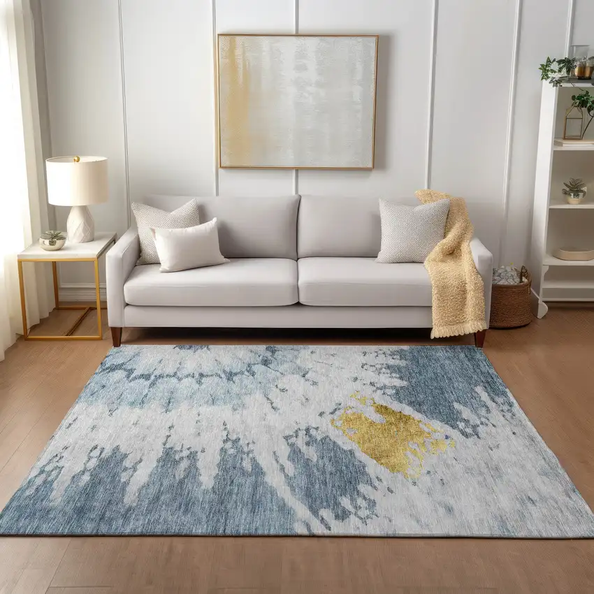 Denim Blue And Sky Blue Abstract Washable Indoor Outdoor Area Rug Photo 7