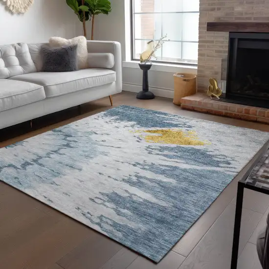 Denim Blue And Sky Blue Abstract Washable Indoor Outdoor Area Rug Photo 8