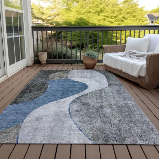 Denim Blue And Sky Blue Abstract Washable Indoor Outdoor Area Rug Photo 9
