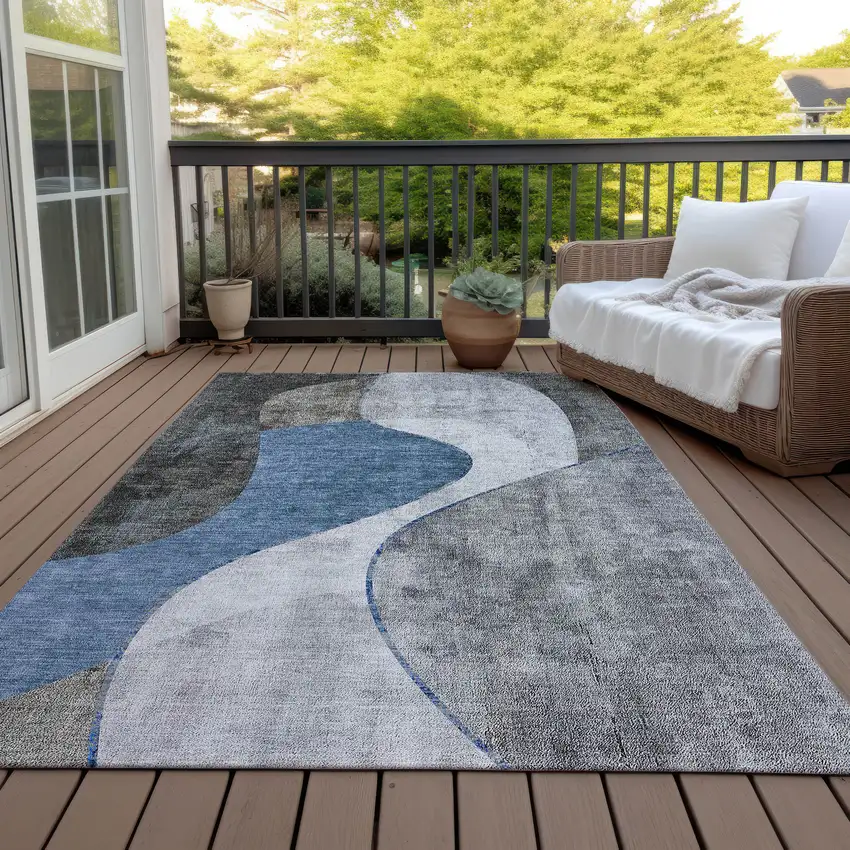 Denim Blue And Sky Blue Abstract Washable Indoor Outdoor Area Rug Photo 9