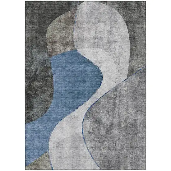 Denim Blue And Sky Blue Abstract Washable Indoor Outdoor Area Rug Photo 1