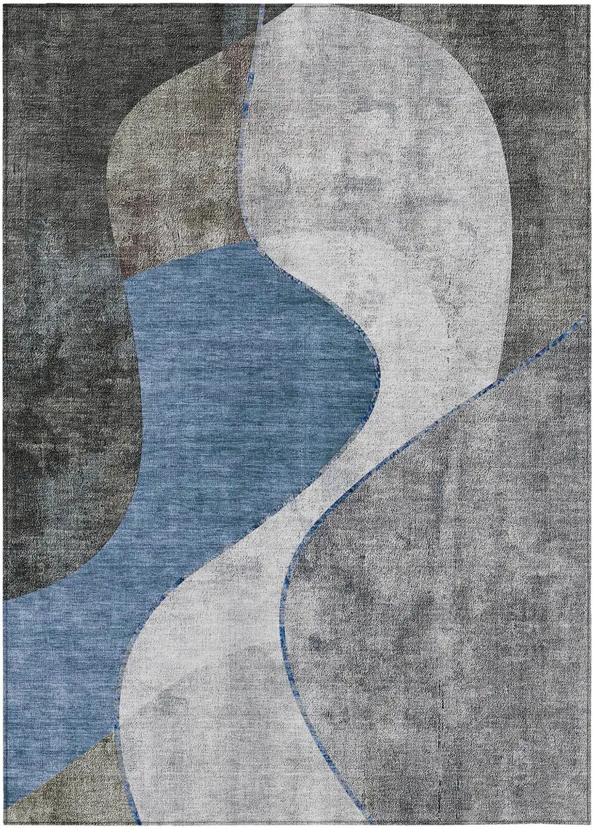 Denim Blue And Sky Blue Abstract Washable Indoor Outdoor Area Rug Photo 1