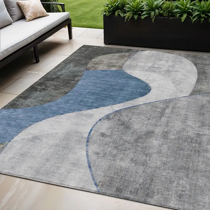 Denim Blue And Sky Blue Abstract Washable Indoor Outdoor Area Rug Photo 1