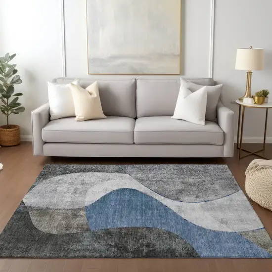 Denim Blue And Sky Blue Abstract Washable Indoor Outdoor Area Rug Photo 7