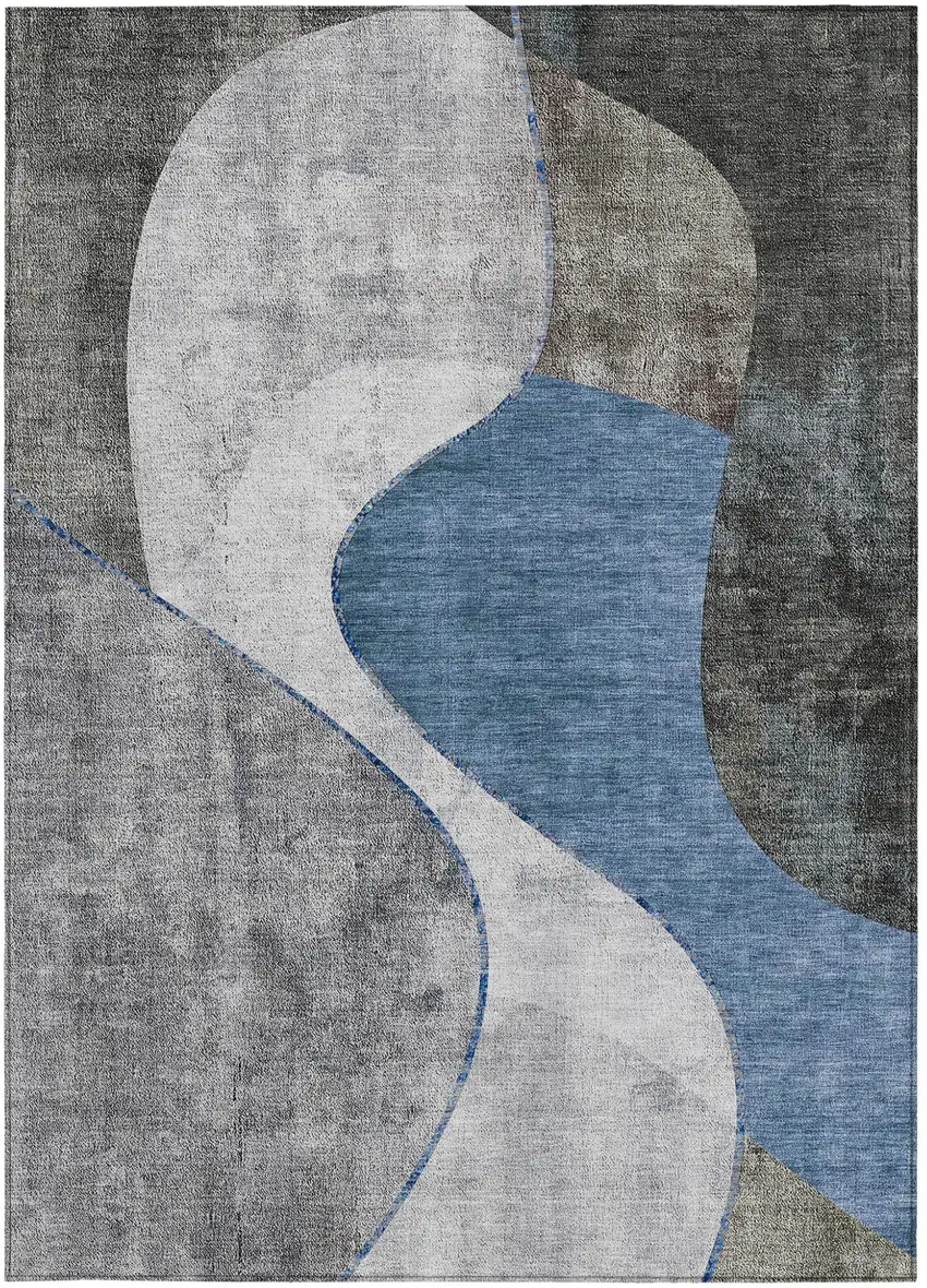 Denim Blue And Sky Blue Abstract Washable Indoor Outdoor Area Rug Photo 5