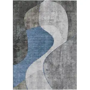 Photo of Denim Blue And Sky Blue Abstract Washable Indoor Outdoor Area Rug
