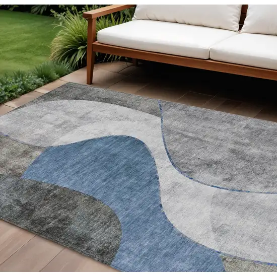 Denim Blue And Sky Blue Abstract Washable Indoor Outdoor Area Rug Photo 1