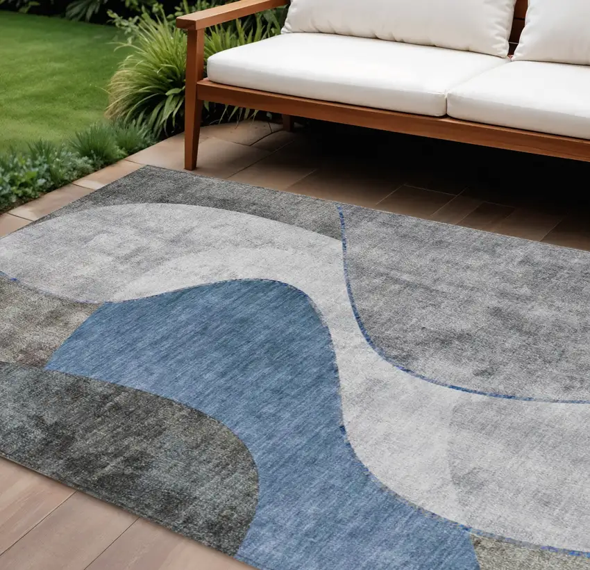 Denim Blue And Sky Blue Abstract Washable Indoor Outdoor Area Rug Photo 1