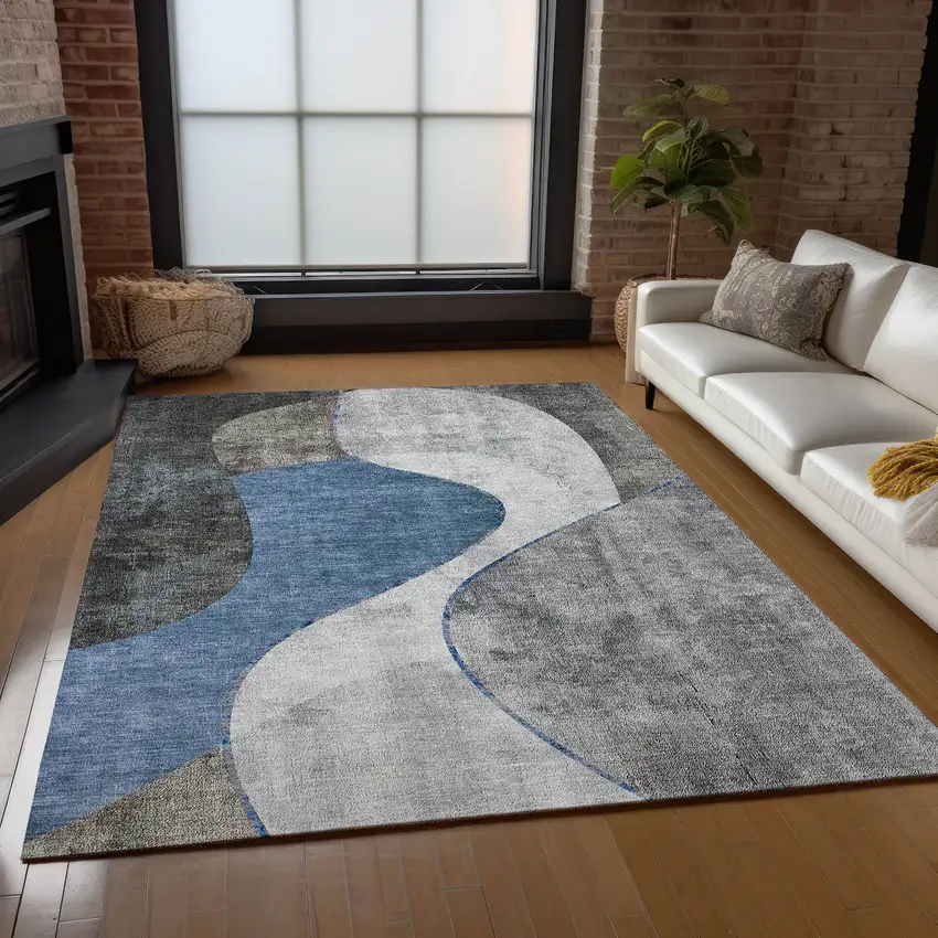 Denim Blue And Sky Blue Abstract Washable Indoor Outdoor Area Rug Photo 8