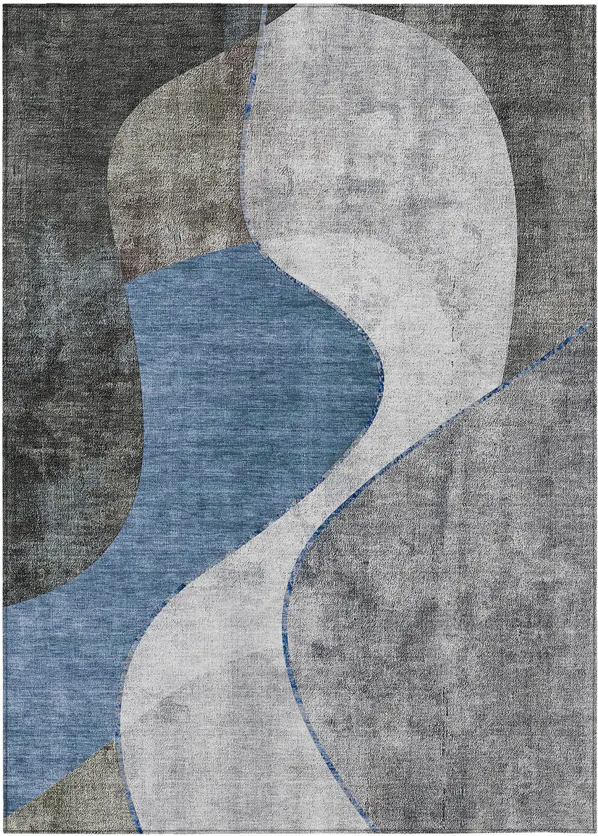 Denim Blue And Sky Blue Abstract Washable Indoor Outdoor Area Rug Photo 1