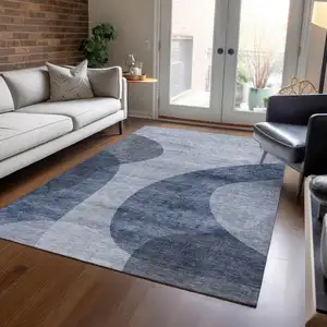 Photo of Denim Blue And Sky Blue Abstract Washable Indoor Outdoor Area Rug