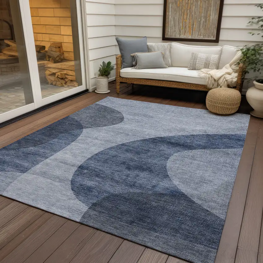Denim Blue And Sky Blue Abstract Washable Indoor Outdoor Area Rug Photo 9