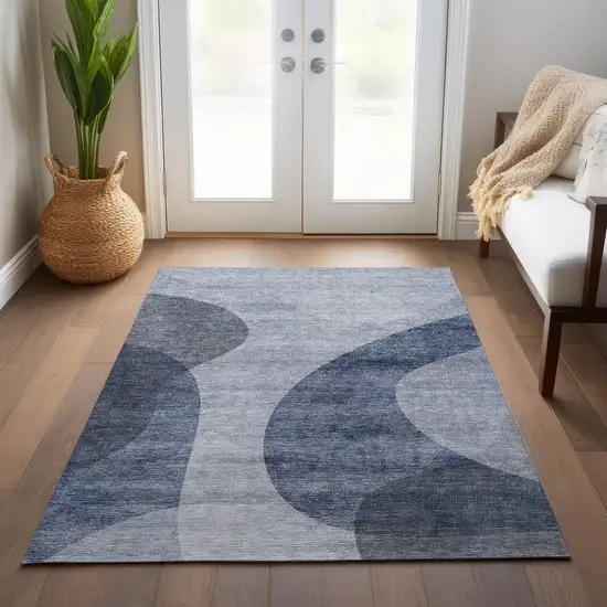 Denim Blue And Sky Blue Abstract Washable Indoor Outdoor Area Rug Photo 9