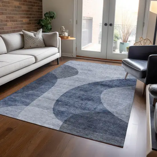 Denim Blue And Sky Blue Abstract Washable Indoor Outdoor Area Rug Photo 7