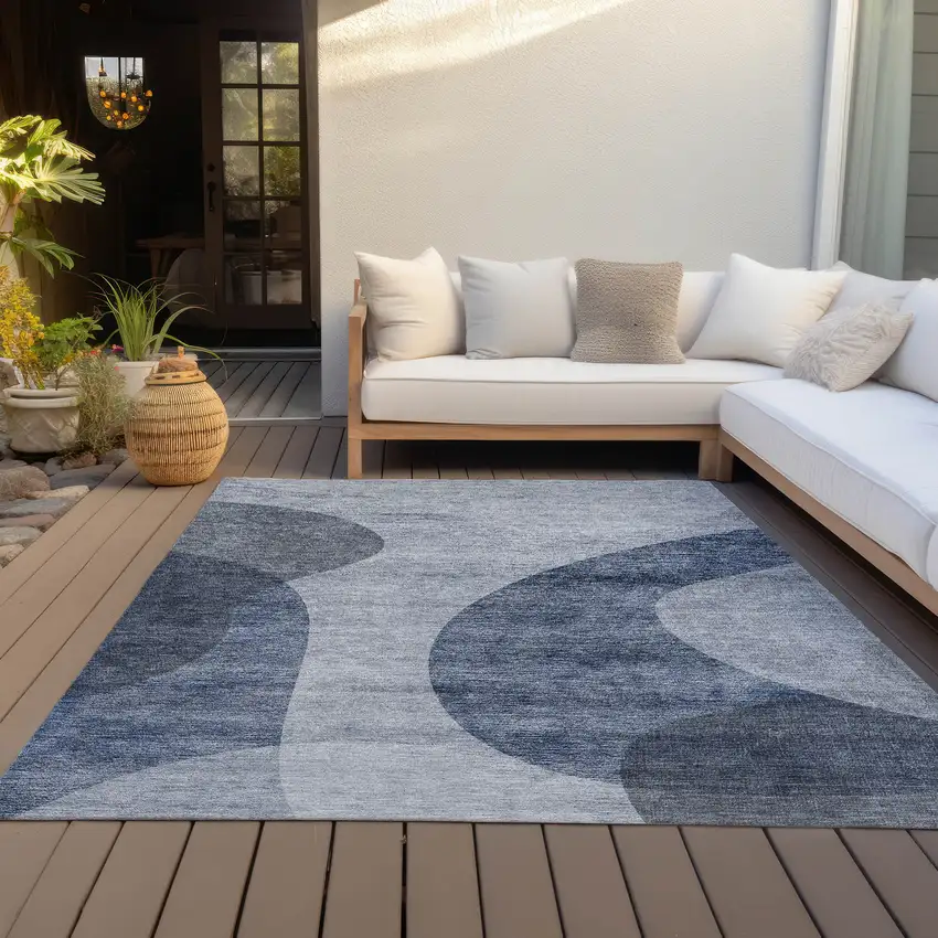 Denim Blue And Sky Blue Abstract Washable Indoor Outdoor Area Rug Photo 6
